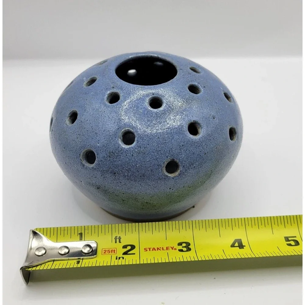 Vintage 1993 Studio Pottery Blue Flower Frog Vase Signed T Clark